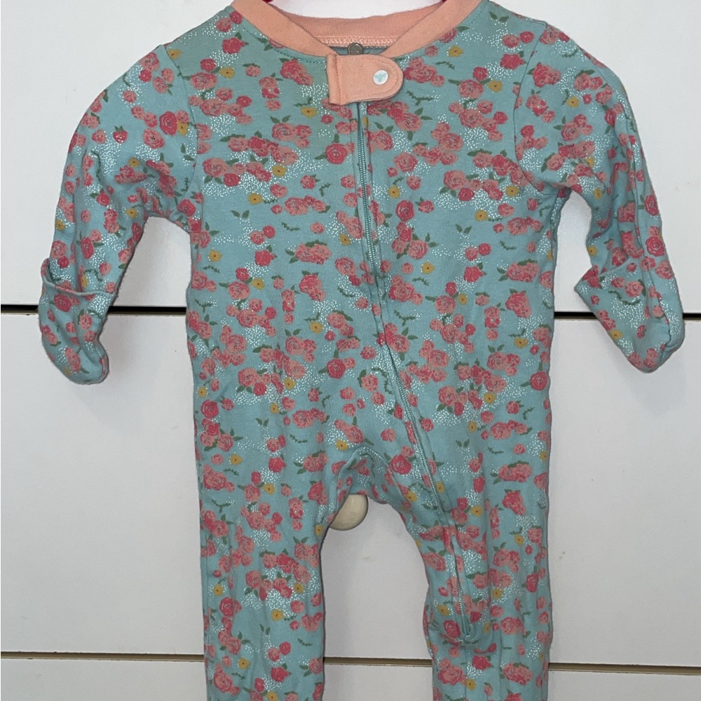 Burt's Bees Baby Blue and Pink Footies with Floral Design